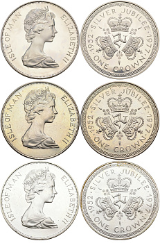 Остров Мэн набор из 3 монет по 1 крона 1977 25 лет правления Елизаветы II, в буклете KM 41, 41а, 41а серебро, серебро, медно-никель PROOF, UNC, UNC 7-5-1-06