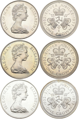 Остров Мэн набор из 3 монет по 1 крона 1977 25 лет правления Елизаветы II, в буклете KM 41, 41а, 41а серебро, серебро, медно-никель PROOF, UNC, UNC 7-5-1-06