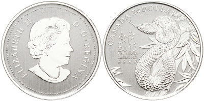 Канада 20 долларов 2013 год змеи, Елизавета II (1952-2022) KM NEW серебро PROOF 11-265-52
