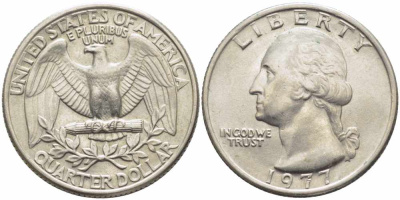 США 25 центов (квотер) 1977 Вашингтон KM A164a медь плакированная медно-никелем 63-647