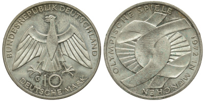 ФРГ 10 марок 1972 G, XX летние Олимпийские игры 1972 года в Мюнхене, символика KM 131, J.402 серебро 1520-233