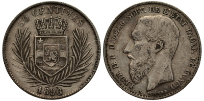 Бельгийское Конго 50 сантимов 1896 Леопольд II король Бельгии KM 5 серебро 5010-115
