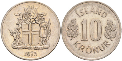 Исландия 10 крон 1975 KM 15 медно-никель UNC 4126-957