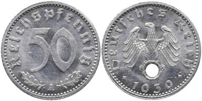 Германия 50 рейхспфеннигов 1939 A J. 372, KM 96 алюминий  UNC  00-822-36