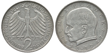 ФРГ 2 марки 1964 G, Макс Планк KM 116,  J. 392 медно-никель плакированный никелем 4681-732