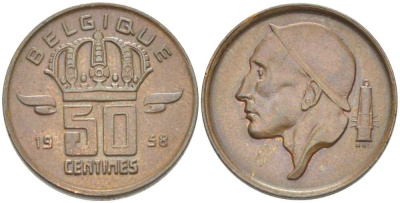 БЕЛЬГИЯ 50 САНТИМОВ 1958 BELGIQUE, БОДУЭН I (1951-1993) KM 148.1 бронза 206-164