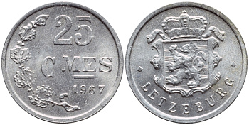 ЛЮКСЕМБУРГ 25 САНТИМОВ 1967 KM 45а.1 алюминий 4398-826