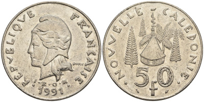 Французская Новая Каледония 50 франков 1991 хижина среди сосен и пальм, (IEOM) KM 13, Schoen 15, Lec 121 никель 4123-125