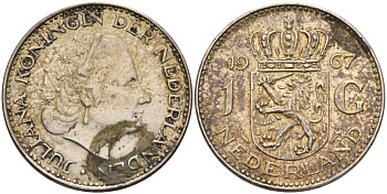 Нидерланды 1 гульден 1967 Юлиана (1948-1980) KM 184 серебро 4573-713