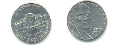 США 5 ЦЕНТОВ 2010 P ДЖЕФФЕРСОН KM 381 медно-никель 86-655