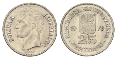 Венесуэла 25 сентимо 1978 Симон Боливар Y 50 никель UNC 4173-921