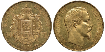 Франция 50 франков 1857 A, Наполеон III KM 785.1 золото 00-00