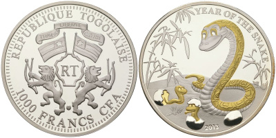 Того 1000 франков 2013 год змеи, яйца, позолота серебро PROOF 00-00