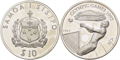 Самоа 10 тала 1992 XXV Олимпийские игры в Барселоне 1992 года, метание молота KM 86 серебро PROOF 04-136-22