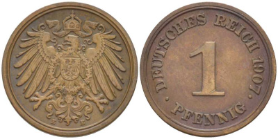 ГЕРМАНИЯ 1 ПФЕННИГ 1907 E KM 10, J. 10, Weege 2 медь 211-357