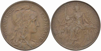 Франция 10 сантимов 1906 тип Дюпюи KM 843, LA FRANC 136.16 бронза 109-224