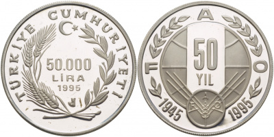 Турция 50000 лир 1995 50 лет FAO, тираж 3798 экземпляров KM 1040 серебро PROOF 02-262-44