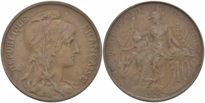 Франция 10 сантимов 1906 тип Дюпюи KM 843, LA FRANC 136.16 бронза 109-224