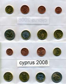 Кипр евронабор из 8 монет 2008 1, 2, 5, 10, 20, 50 евроцентов, 1, 2 евро биметалл UNC 966-1-2