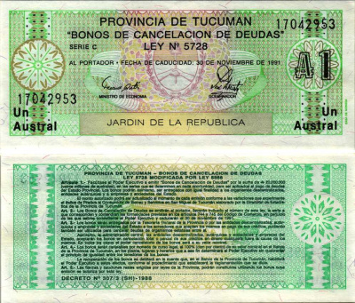 Аргентина, провинция Тукуман 1 аустраль 1991 Pick S 2711b бумага UNC (пресс) 6352-18-4-1