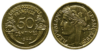 Французская Западная Африка 50 сантимов 1944 редкая KM 1, Lec 1 алюминиевая бронза aUNC 4381-928