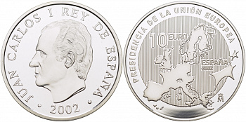 Испания 10 евро 2002 Председательство Испании в Евросоюзе, карта KM 1048 серебро PROOF 11-011-45
