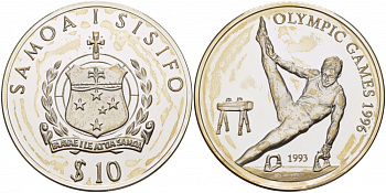 Самоа 10 тала 1993 XXVI Олимпийские игры 1996 года в Атланте, гимнаст на коне KM 97 серебро PROOF 11-136-42