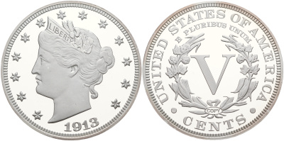 США 5 центов 1913 LIBERTY копия известной редкой монеты в серебре  серебро  PROOF  06-266-34