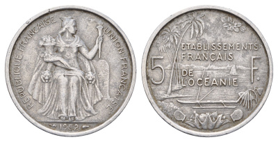 Французская Океания 5 франков 1952 год-тип KM 4 алюминий 180-1233