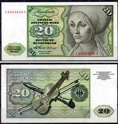 ФРГ 20 марок 1960 Эльсбет Тухер (Альбрехт Дюрер), скрипка, кларнет Pick 20 a  бумага  aUNC 451-916-2