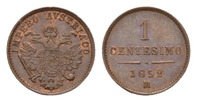 Ломбардия-Венеция 1 чентезимо 1852 M, год-тип C 29 медь aUNC 441-932