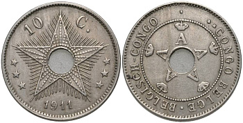 Бельгийское Конго 10 сантимов 1911 Альберт I (1909-1934) KM 18 медно-никель 27-1126