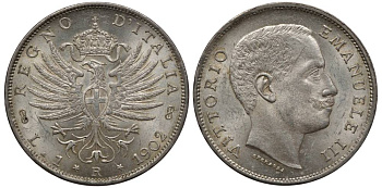 Италия 1 лира 1902 R, Виктор Эммануил III (1900-1948), Савойский орел (символ Рима) KM 32 серебро 00-820-47