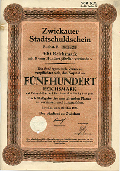Германия 500 рейхсмарок 1928 Город Цвиккау долговая расписка 8%, облигация   бумага  8802-16-1