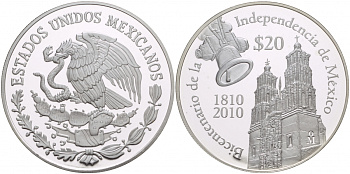 Мексика 20 песо 2010 200 лет независимости Мексики, 200 лет независимости Мексики, колокол прихода Долорес KM NEW серебро PROOF 06-241-43