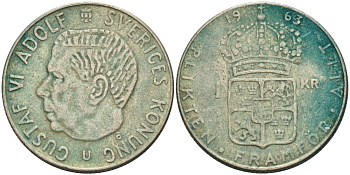 Швеция 1 крона 1963 U, Густав VI Адольф (1950-1973) KM 826 серебро 4571-616
