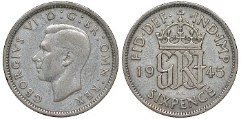 Великобритания 6 пенсов 1945 Георг VI (1936-1952) KM 852, Spink 4084 серебро 4124-742