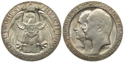 Пруссия 3 марки 1910 A, Университет Берлина Weege 1078, J. 107, KM 530 серебро 413-6111