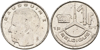 БЕЛЬГИЯ 1 ФРАНК 1991 BELGIQUE KM 170 железо плакированное никелем 71-1136