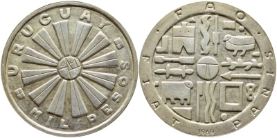 УРУГВАЙ 1000 ПЕСО 1969 So, FAO, ПРОБА 900, ВЕС 25 ГР., ТИРАЖ 500000 ЭКЗ. KM 55 серебро 00-00