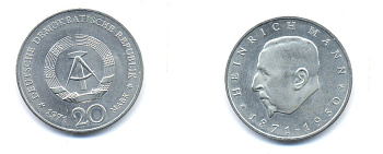 ГДР 20 марок 1971 А, 100 лет со дня рождения Генриха Манна (1871-1950) KM 33, J. 1531 медно-никель 3333-323