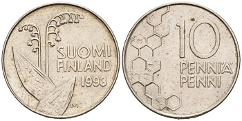 ФИНЛЯНДИЯ 10 ПЕННИ 1993 М, ЛАНДЫШ KM 65 медно-никель 192-1142