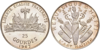 Гаити 25 гурдов 1967 10 лет революции, 155 гр., тираж 4650 экз. KM 67.1 серебро PROOF 1069-4-41