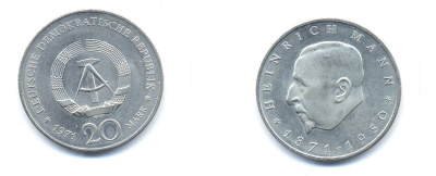 ГДР 20 марок 1971 А, 100 лет со дня рождения Генриха Манна (1871-1950) KM 33, J. 1531 медно-никель 3333-323