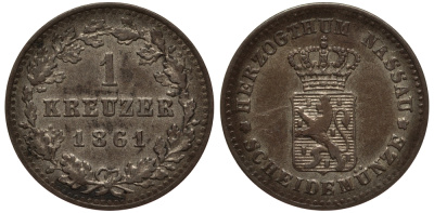 Нассау 1 крейцер 1861 KM 55 серебро 1517-611