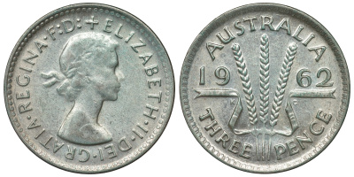 Австралия 3 пенса 1962 m, Елизавета II (1952-2022) KM 57 серебро 71-828