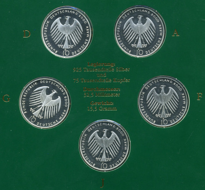 ФРГ набор из 5 штук по 10 марок 2000 A, D, F, G, J,  EXPO 2000 KM 199 серебро PROOF 6-5-2-14