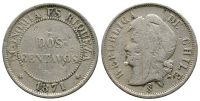 ЧИЛИ 2 СЕНТАВО 1871 KM 147 медно-никель 3334-247