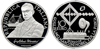 Италия 10 евро 2009 100 лет со дня вручения нобелевской премии Гильермо Маркони, изобретатель радио, в оригинальной коробочке, с сертификатом KM 317 серебро PROOF 4-3-4-20