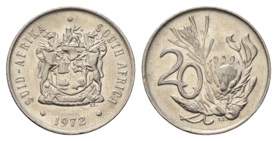 ЮАР 20 центов 1972 герб, цветок протея KM 86 никель 4693-713